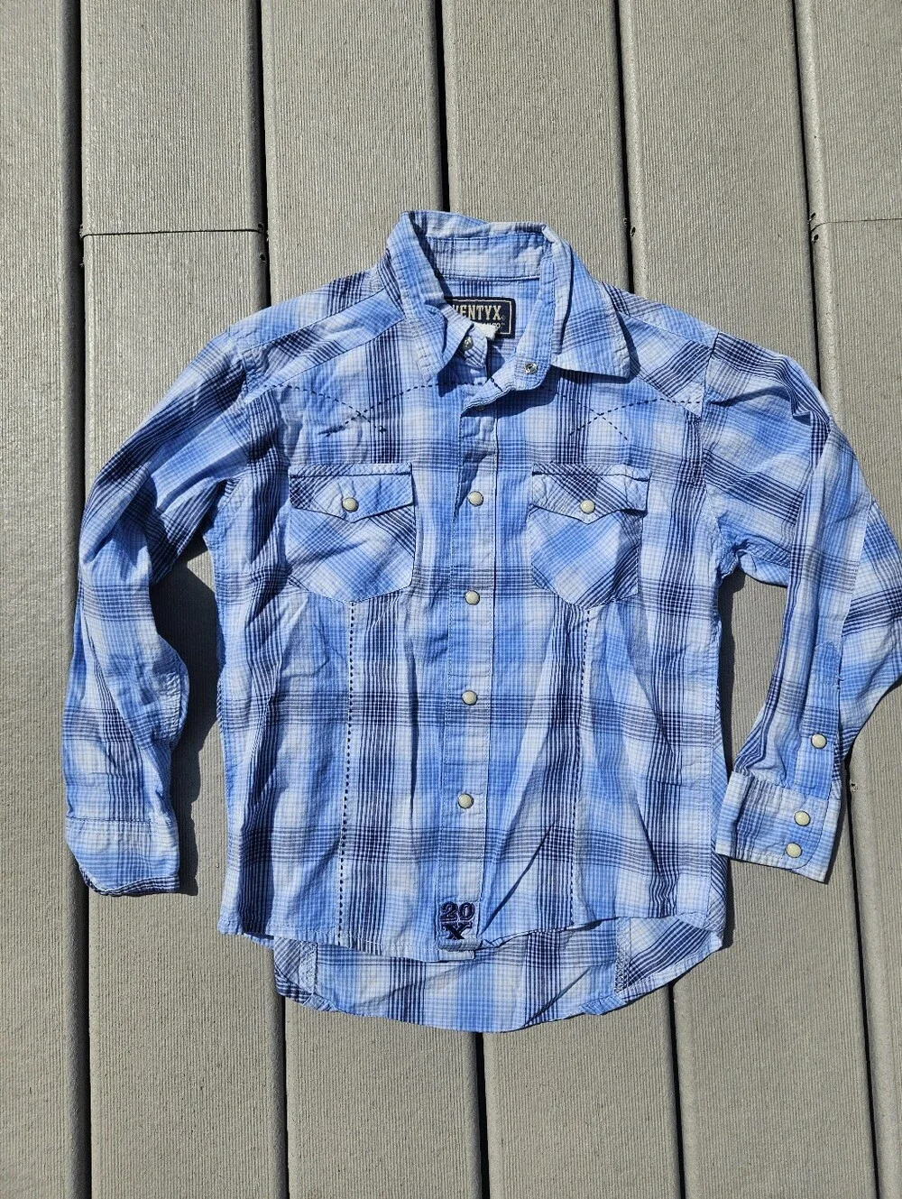 Wrangler 20X Boys Pearl Snap Shirt Medium 7-8 Blue Plaid Long Sleeve Western Kid
